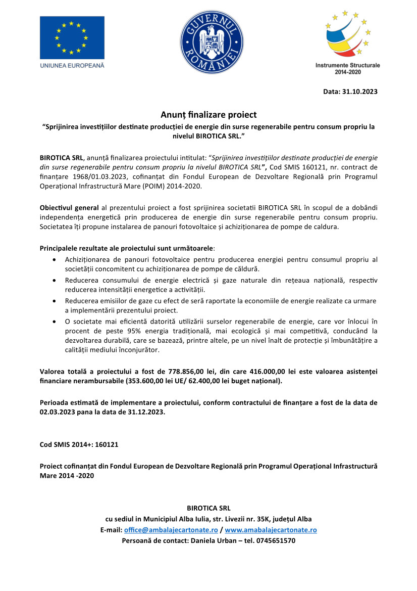 Anunt finalizare proiect POIM Anunt finalizare proiect POIM